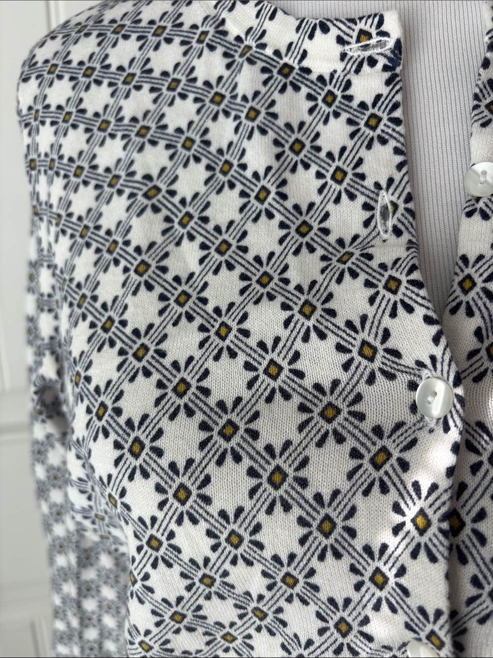Ann Taylor White Button-Front Top with Navy Geometric Print - Picture 5 of 7